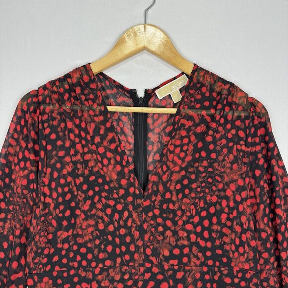 Michael Kors Chiffon Dress Black Red Size 12 Sheer Long Sleeve Lined Camisole - Picture 3 of 16